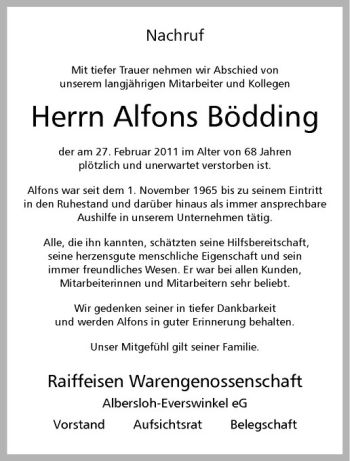 Anzeige von Alfons Bödding von Westfälische Nachrichten