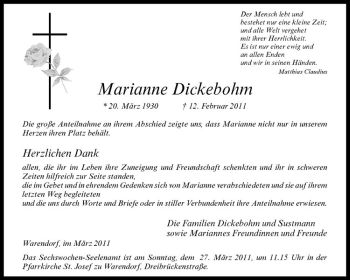 Anzeige von Marianne Dickebohm von Westfälische Nachrichten