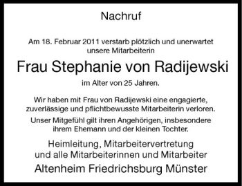 Anzeige von Stephanie von Radijewski von Westfälische Nachrichten