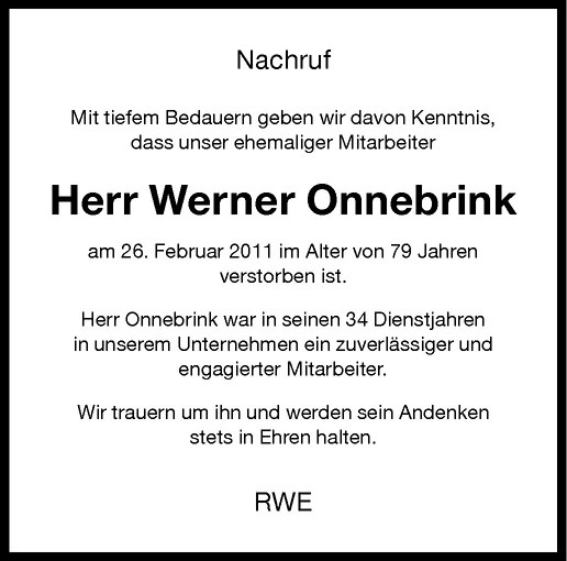 Traueranzeige für Werner Onnebrink vom 14.03.2011 aus Westfälische Nachrichten