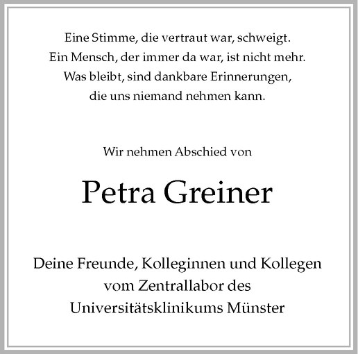  Traueranzeige für Petra Greiner vom 12.03.2011 aus Westfälische Nachrichten