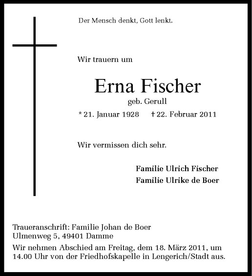  Traueranzeige für Erna Fischer vom 15.03.2011 aus Westfälische Nachrichten
