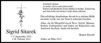 Anzeige von Sigrid Sitarek von Westfälische Nachrichten