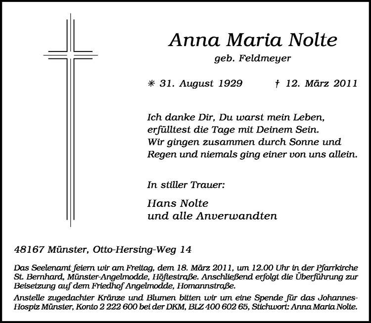  Traueranzeige für Anna Maria Nolte vom 16.03.2011 aus Westfälische Nachrichten