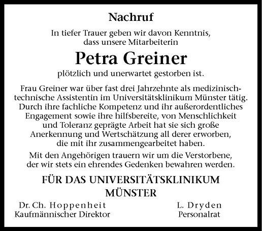  Traueranzeige für Petra Greiner vom 16.03.2011 aus Westfälische Nachrichten