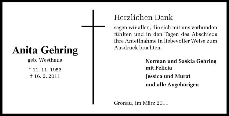  Traueranzeige für Anita Gehring vom 16.03.2011 aus Westfälische Nachrichten