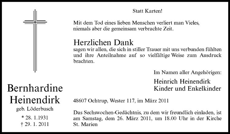  Traueranzeige für Bernhardine Heinendirk vom 23.03.2011 aus Westfälische Nachrichten