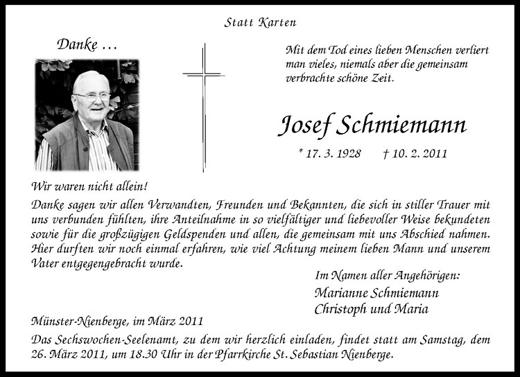  Traueranzeige für Josef Schmiemann vom 19.03.2011 aus Westfälische Nachrichten