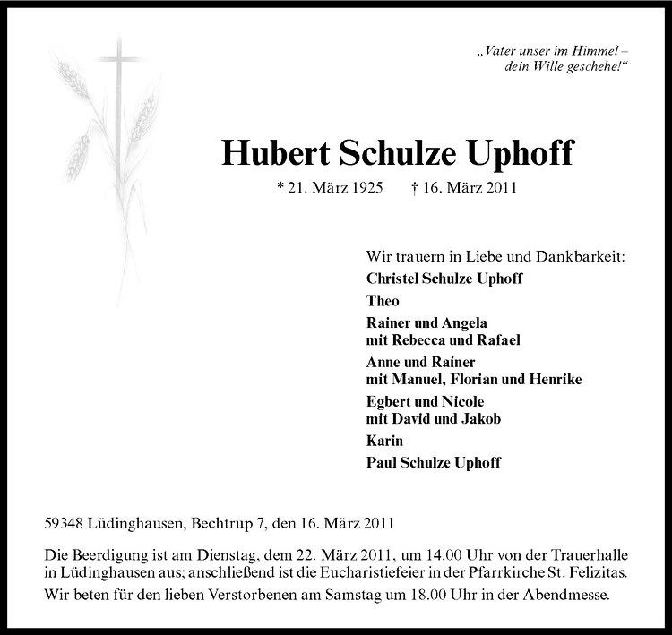  Traueranzeige für Hubert Schulze Uphoff vom 18.03.2011 aus Westfälische Nachrichten
