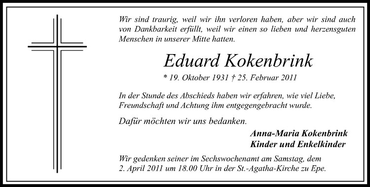 Traueranzeige für Eduard Kokenbrink vom 26.03.2011 aus Westfälische Nachrichten