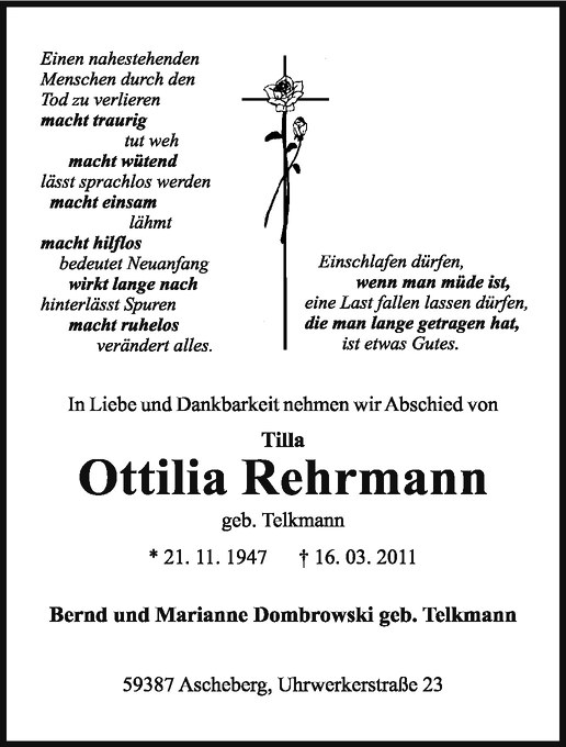  Traueranzeige für Ottilia Rehrmann vom 18.03.2011 aus Westfälische Nachrichten