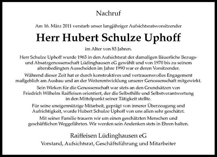  Traueranzeige für Hubert Schulze Uphoff vom 21.03.2011 aus Westfälische Nachrichten