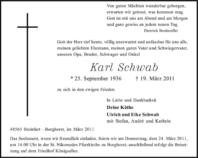  Traueranzeige für Karl Schwab vom 22.03.2011 aus Westfälische Nachrichten