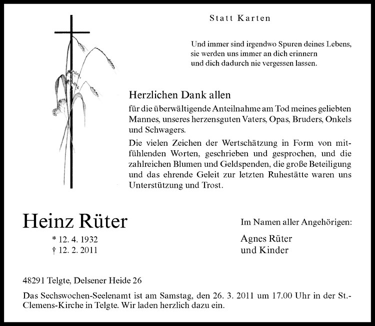  Traueranzeige für Heinz Rüter vom 22.03.2011 aus Westfälische Nachrichten