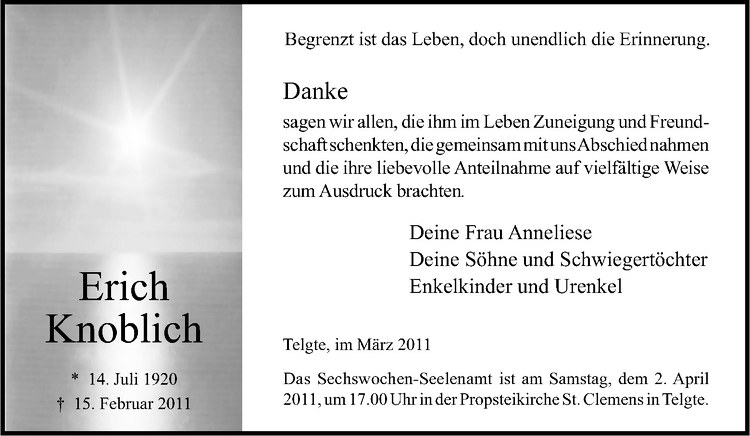  Traueranzeige für Erich Knoblich vom 26.03.2011 aus Westfälische Nachrichten