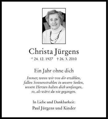 Anzeige von Christa Jürgens von Westfälische Nachrichten