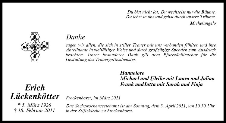  Traueranzeige für Erich Lückenkötter vom 26.03.2011 aus Westfälische Nachrichten