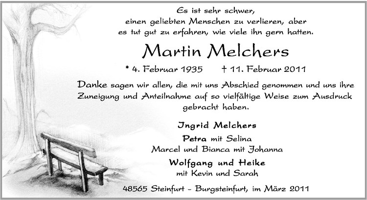 Traueranzeige für Martin Melchers vom 29.03.2011 aus Westfälische Nachrichten