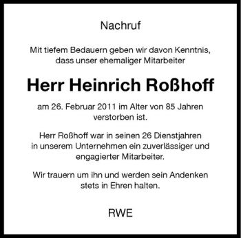 Anzeige von Heinrich Roßhoff von Westfälische Nachrichten