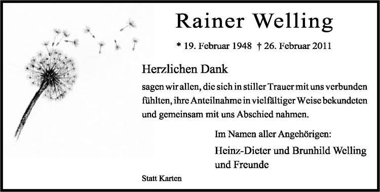  Traueranzeige für Rainer Welling vom 26.03.2011 aus Westfälische Nachrichten
