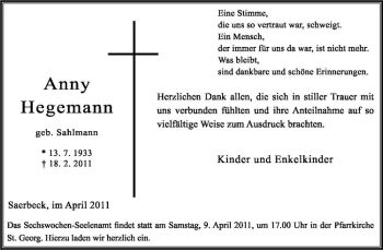 Anzeige von Anny Hegemann von Westfälische Nachrichten