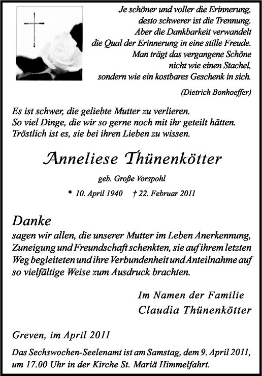  Traueranzeige für Anneliese Thünenkötter vom 02.04.2011 aus Westfälische Nachrichten