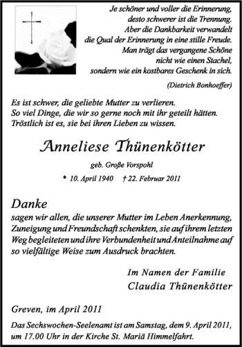 Anzeige von Anneliese Thünenkötter von Westfälische Nachrichten