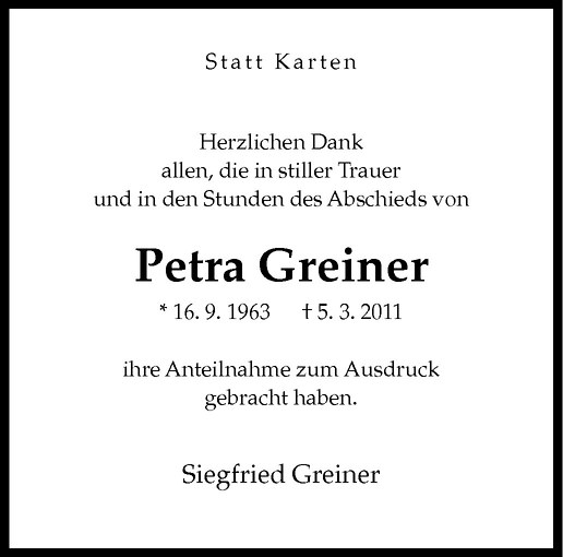  Traueranzeige für Petra Greiner vom 02.04.2011 aus Westfälische Nachrichten