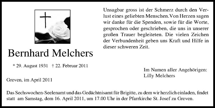  Traueranzeige für Bernhard Melchers vom 02.04.2011 aus Westfälische Nachrichten