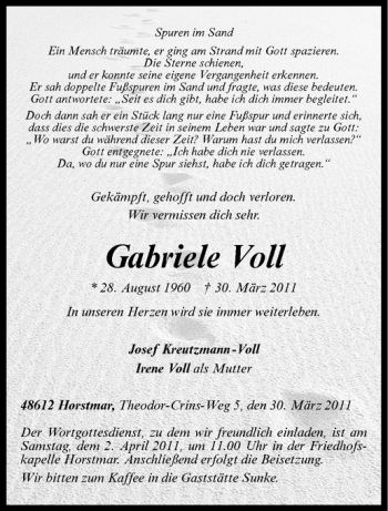 Anzeige von Gabriele Voll von Westfälische Nachrichten
