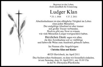 Anzeige von Ludger Klan von Westfälische Nachrichten