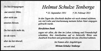 Anzeige von Helmut Schulze Tenberge von Westfälische Nachrichten