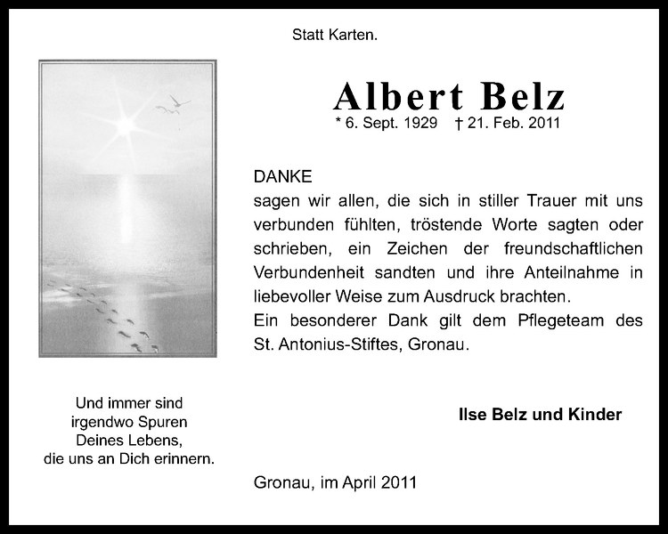  Traueranzeige für Albert Belz vom 02.04.2011 aus Westfälische Nachrichten