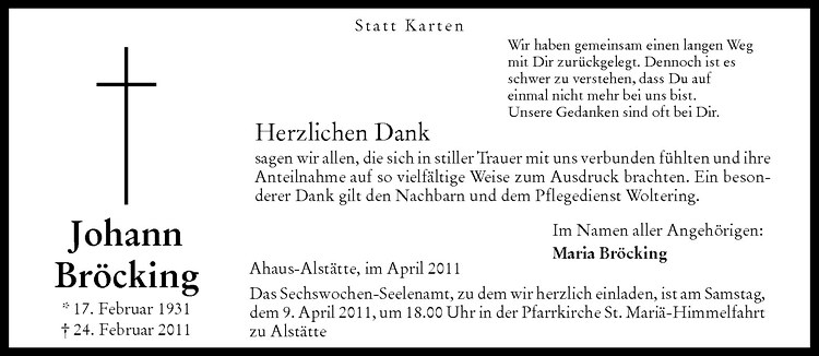  Traueranzeige für Johann Bröcking vom 06.04.2011 aus Westfälische Nachrichten