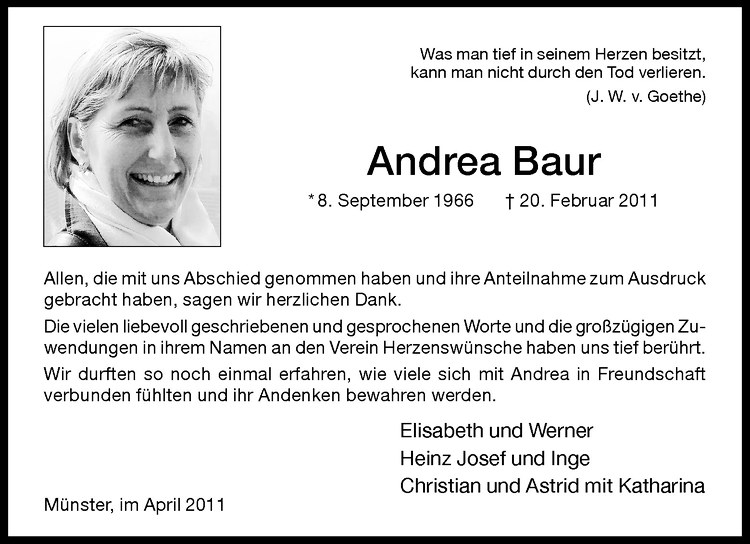  Traueranzeige für Andrea Baur vom 09.04.2011 aus Westfälische Nachrichten