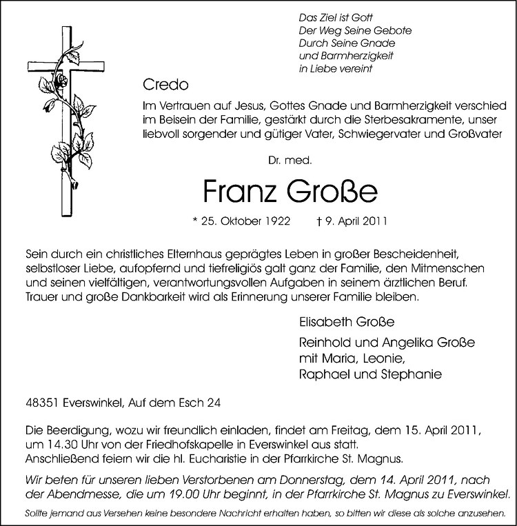  Traueranzeige für Franz Große vom 12.04.2011 aus Westfälische Nachrichten