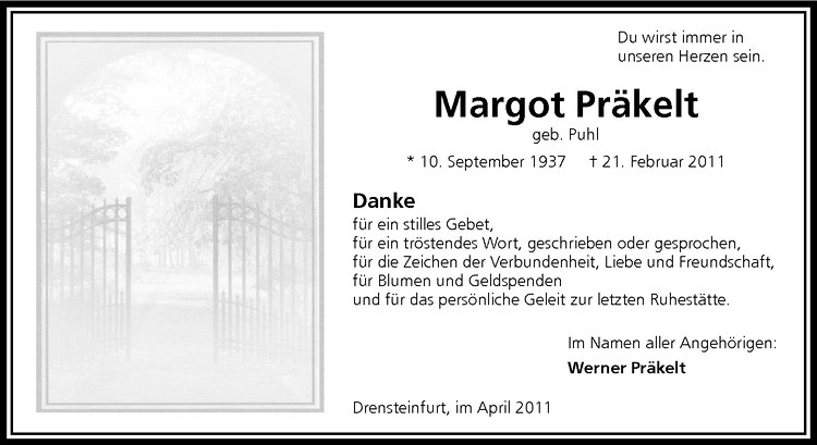  Traueranzeige für Margot Präkelt vom 16.04.2011 aus Westfälische Nachrichten