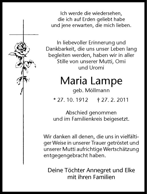  Traueranzeige für Maria Lampe vom 13.04.2011 aus Westfälische Nachrichten