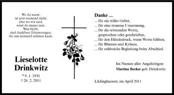 Anzeige von Lieselotte Drinkwitz von Westfälische Nachrichten