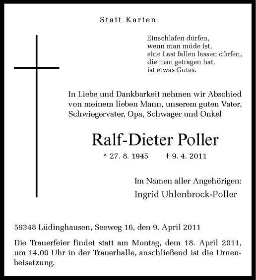  Traueranzeige für Ralf-Dieter Poller vom 13.04.2011 aus Westfälische Nachrichten