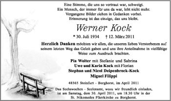 Anzeige von Werner Kock von Westfälische Nachrichten