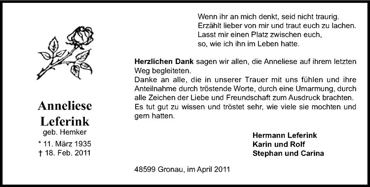  Traueranzeige für Anneliese Leferink vom 16.04.2011 aus Westfälische Nachrichten