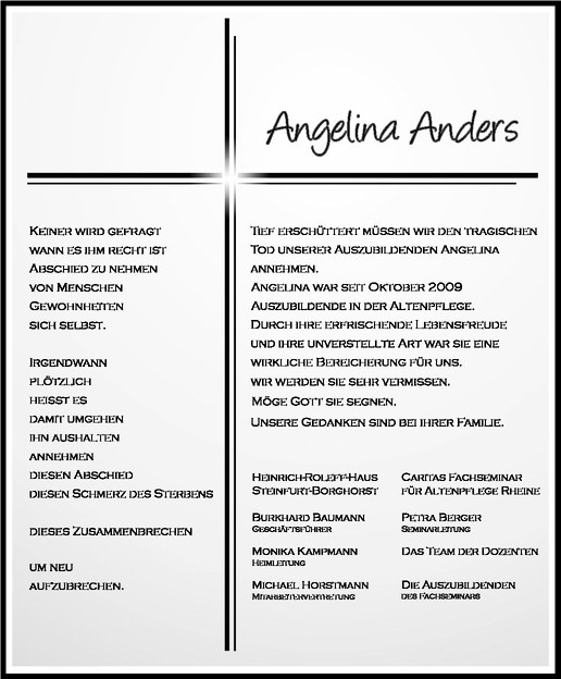  Traueranzeige für Angelina Anders vom 19.04.2011 aus Westfälische Nachrichten