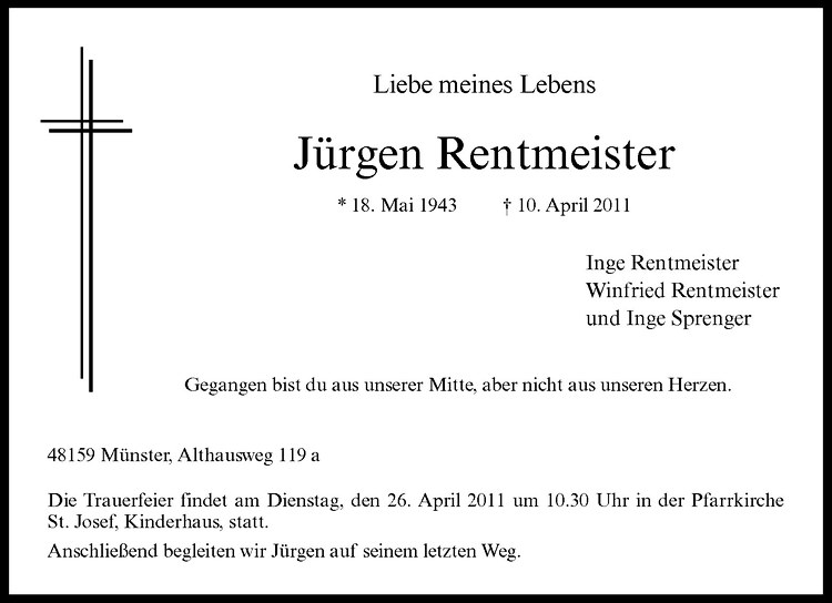  Traueranzeige für Jürgen Rentmeister vom 19.04.2011 aus Westfälische Nachrichten