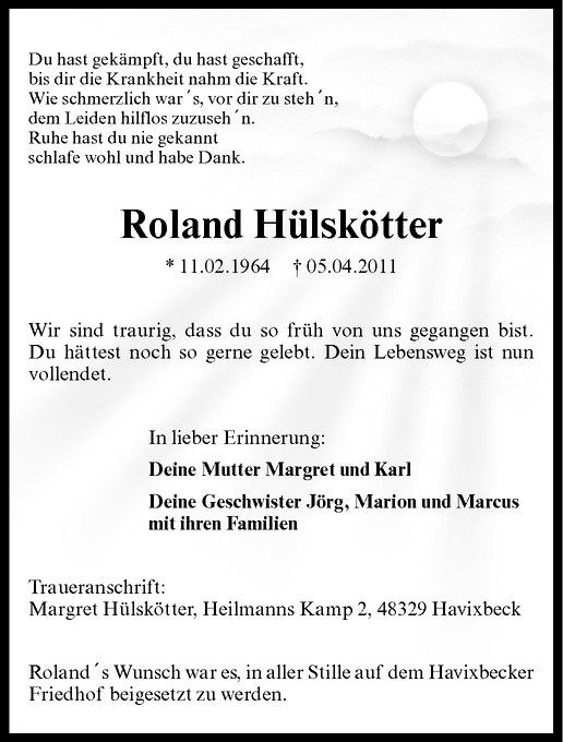  Traueranzeige für Roland Hülskötter vom 22.04.2011 aus Westfälische Nachrichten