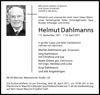 Anzeige von Helmut Dahlmanns von Westfälische Nachrichten