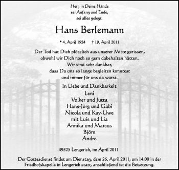 Anzeige von Hans Berlemann von Westfälische Nachrichten