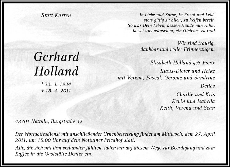  Traueranzeige für Gerhard Holland vom 22.04.2011 aus Westfälische Nachrichten