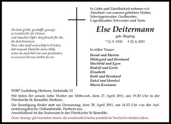 Anzeige von Else Deitermann von Westfälische Nachrichten