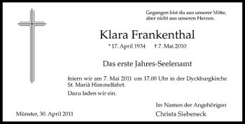 Anzeige von Klara Frankenthal von Westfälische Nachrichten